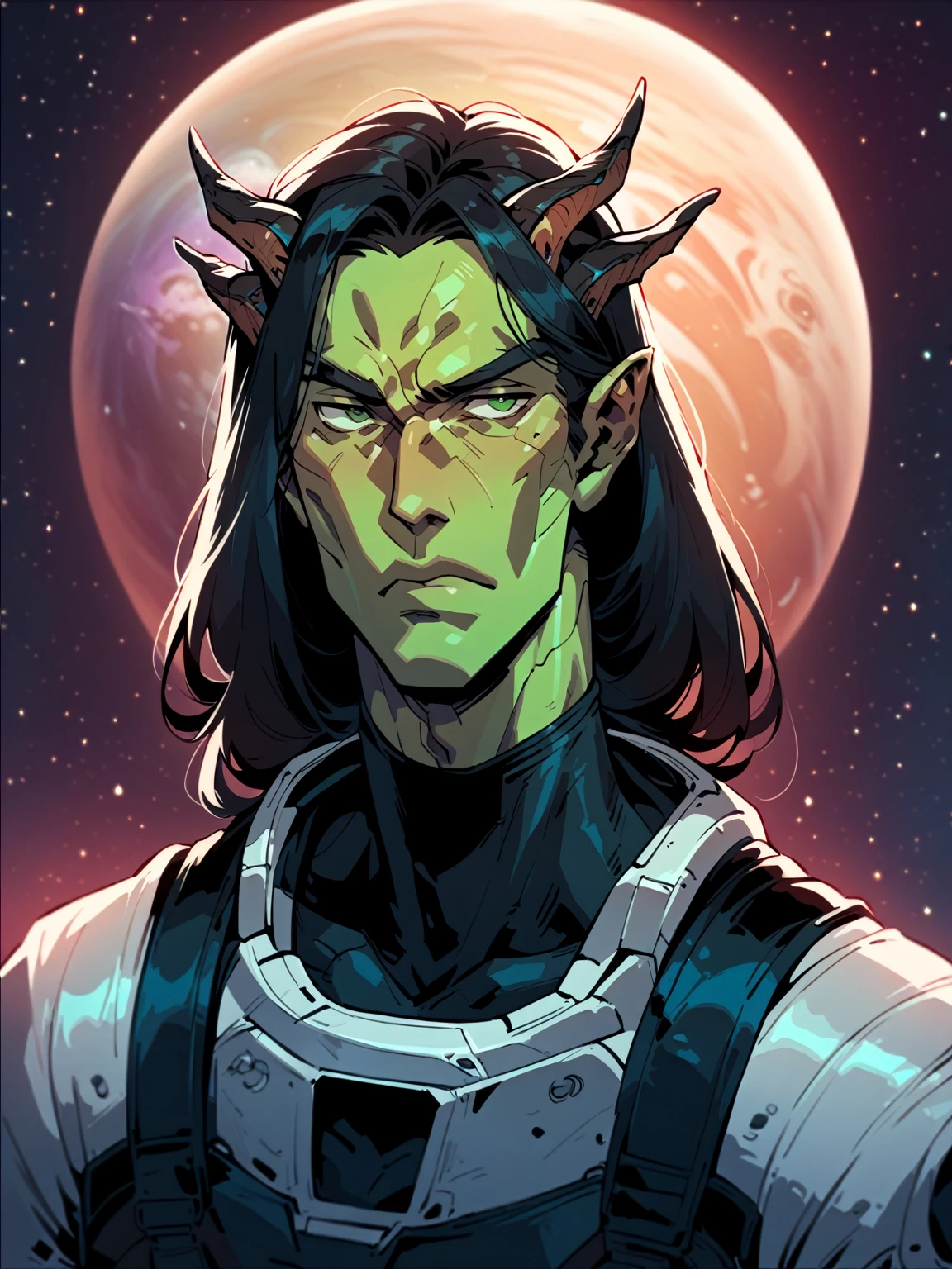 horns, one character, solo male, alien horns, male, young male, sci fi, space, space clothes, long hair, black hair, green eyes, teal skin, cosmic, space suit, cosmic feature, alien, futuristic space suit, relaxed face, innocente face
