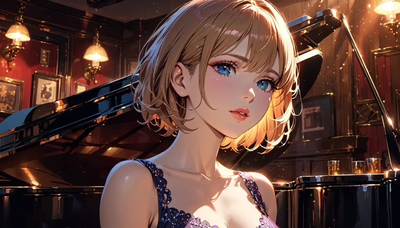 Beautiful woman singing in an Irish pub、She is leaning against a grand piano and singing in a sexy dress.、Short hair、A Ghibli-like touch, beautiful detailed eyes, beautiful detailed lips, extremely detailed eyes and face, long eyelashes, chiaroscuro lighting, dramatic lighting, warm color palette, high quality, 8k, photorealistic, masterpiece, cinematic, dramatic,Singing、The camera moves back