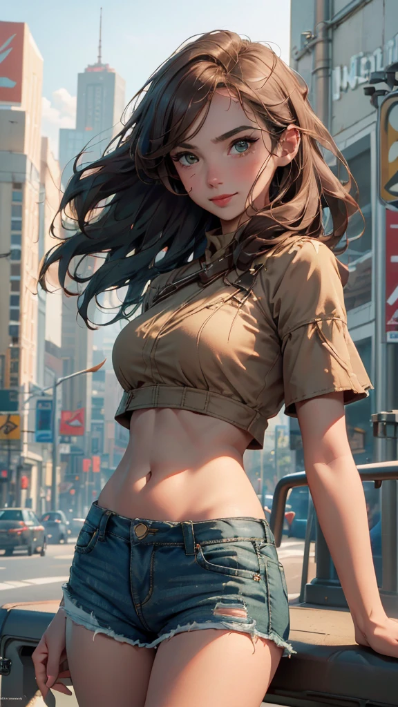 very detailed background, mesa, Best Quality, 1 woman, Alone, ((mesa, Best Quality)),better aesthetics, eye shadows, Wavy Brown hair, green eyes, loose hair , smile, by the wide, looking at the viewer, medium breasts, Brown hair, ripped red top, ripped shorts