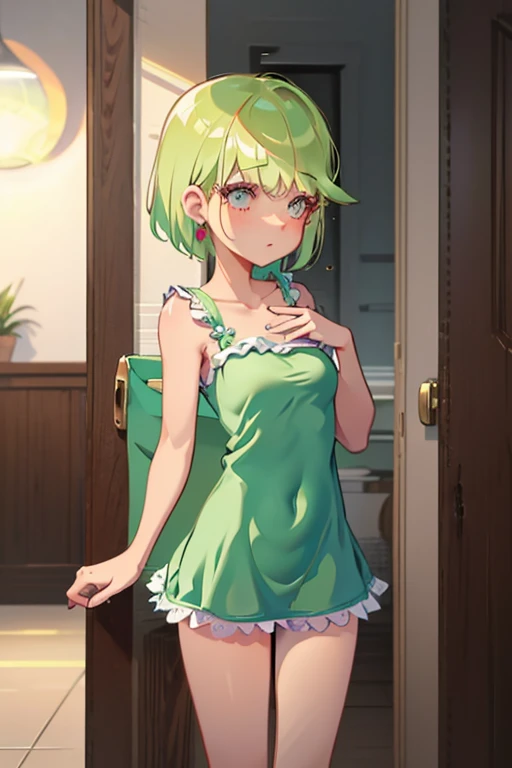 solo, 1girl, looking to the side, smile, blush, small breasts, light green hair, uneven twintails, brown Pillowcase_dress - This refers to a dress made for kids with fabric from a single pretty printed pillowcase and some fabric straps to tie them to the neck. , night, Cymbidium \(flower\), floral background <lora:Mankai_Kaika_style_v15:1>