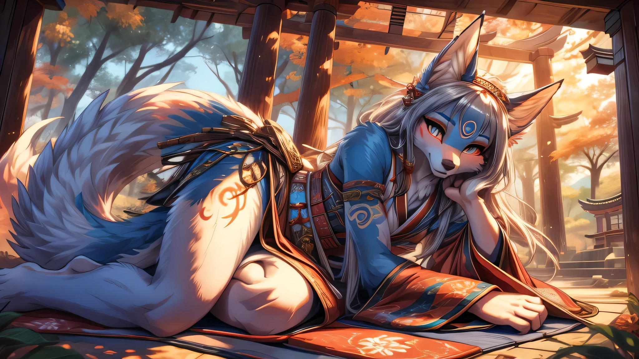 white fur kisune, amaterasu eyes, add high definition_detail:1, blue fur,kitsune ears, tribal tattoo add_detail:1, pretty girl add_detail:1, feudal priestess clothing add_detail:1, japanese shrine scenery add_detail:1, japanese shrine costume add_detail:1, bare left leg add_detail:1, add full body_detail, lying under a tori gate