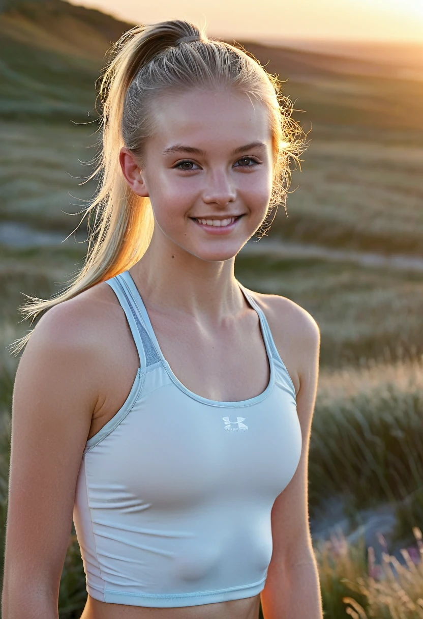 a beautiful teenager, 15 years old, runners body, Danish, pale skin, seductive pose, long straight dark blond hair in a ponytail, small breasts, thin face, smiling, natural makeup, wearing a sports bra, wearing tight legging shorts, hyperdetailed photography, David Hamilton style, Danish coastine landscape, nordic light, sunrise, summer