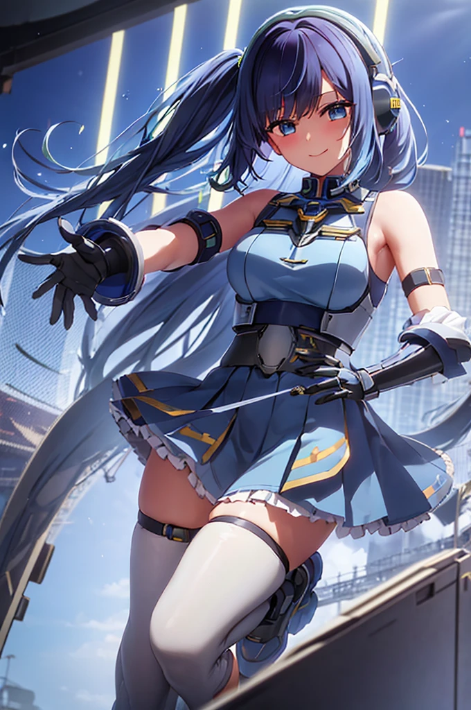 mecha wings、Blue Skirt、Thighs、tights、chest、Twin tails、Blue Hair、1 girl、solo girl、IS、Frame Arms Girl、Alice Gere Aegis、armor、income、headphone、hand on own chest、smile、idol woman