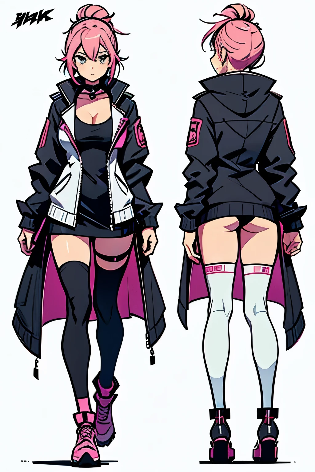 Adoptable Female Original Character Reference Sheet. pink hair apocalyptic cyberpunk clothing black neckline and white mini jacket and long stockings tights