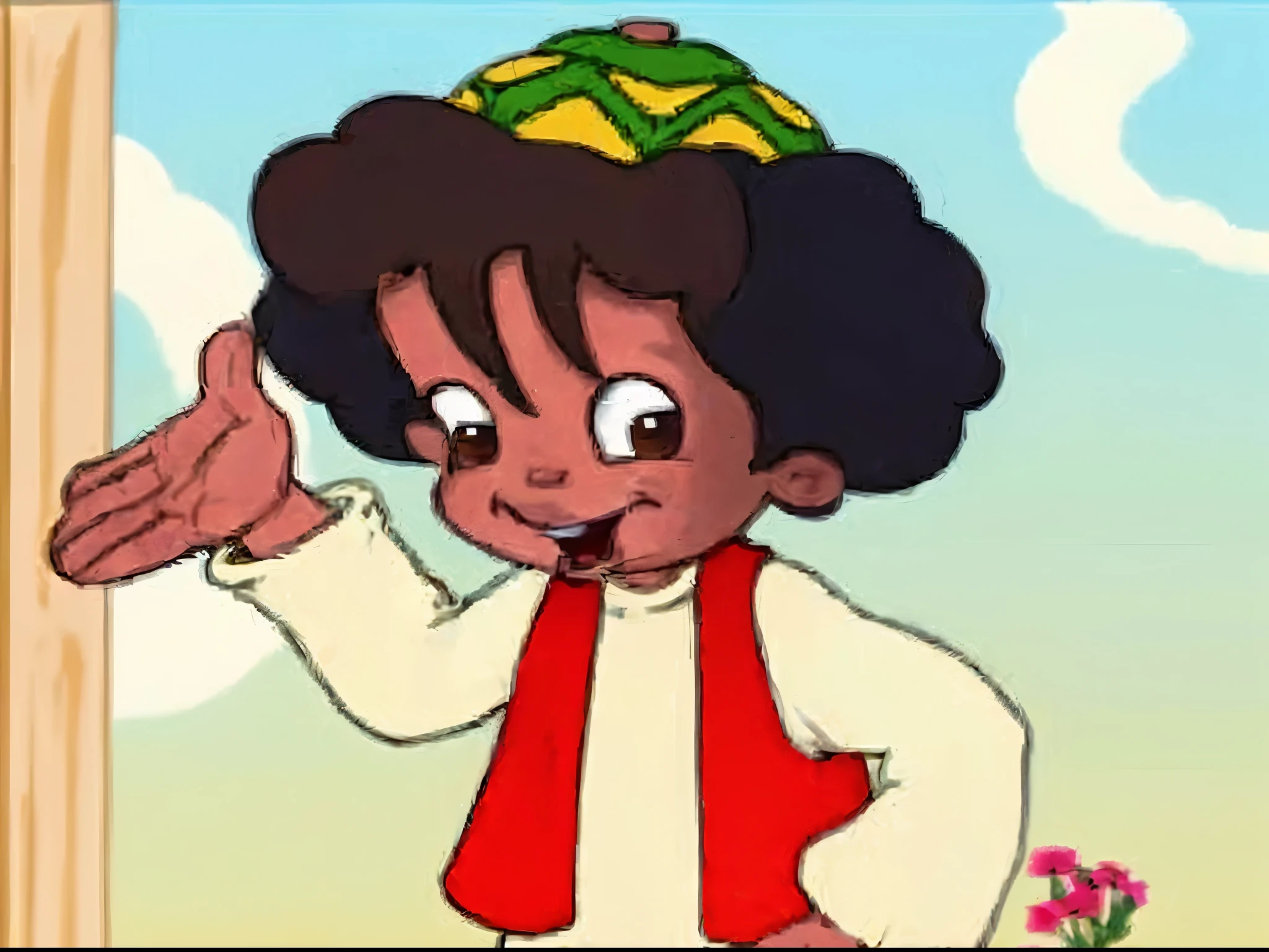 In this image, there's a cartoon character with a cheerful expression. The character has curly, dark brown hair and large, expressive eyes. They're wearing a red vest over a cream-colored long-sleeved shirt, along with a traditional patterned cap that features green, yellow, and brown colors. The character appears to be greeting or waving, with one hand extended in a welcoming gesture. The background shows a blue sky with some clouds and a hint of flowers, adding a warm and friendly atmosphere to the scene.