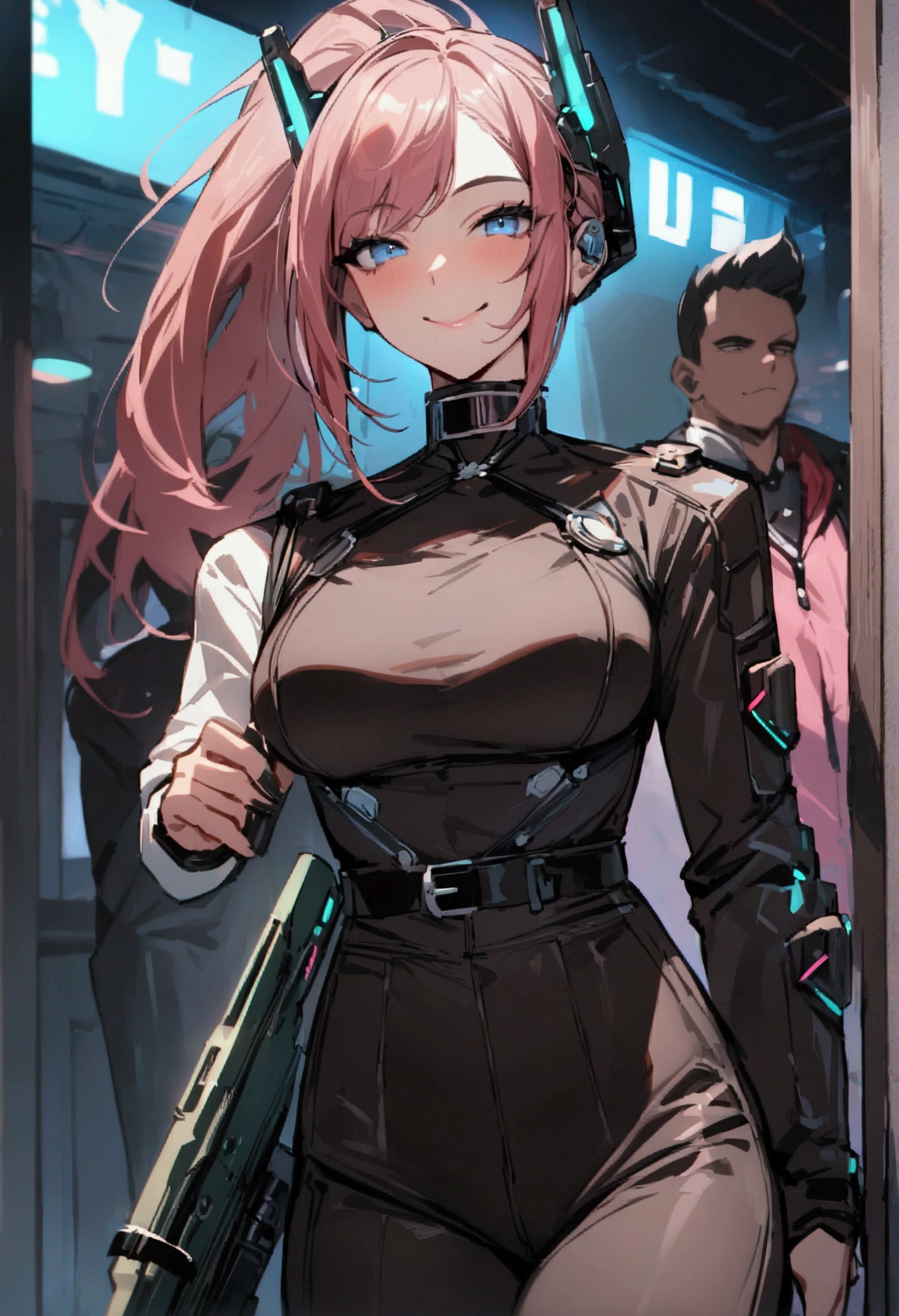 masterpiece,Highest quality,Super quality,cyber punk,Fellow Female,Friendly staff,He has a rifle.,strong,smile