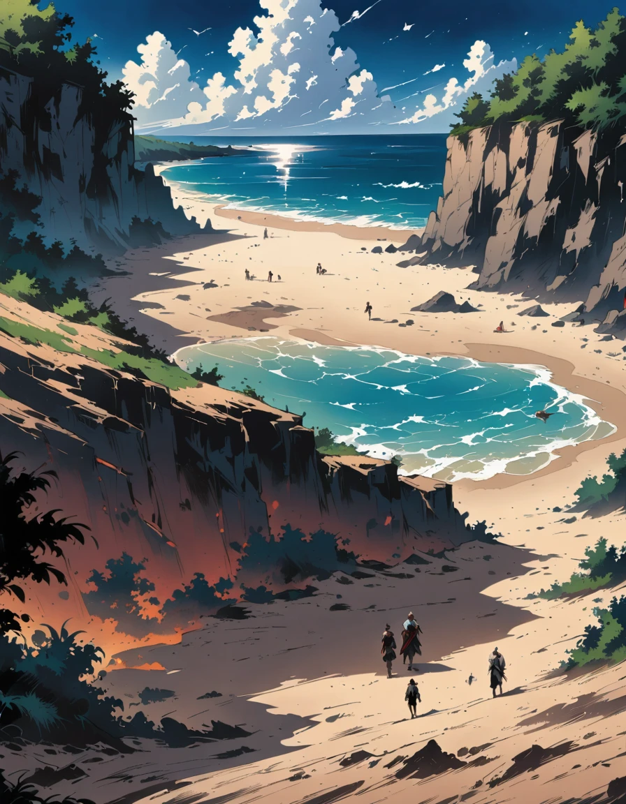 cinematic scene ,comic poster for manga magazine, summer time, beach near a cliff, fantasy world, wide angle camera from the back of the scene, complicated scene, darksiders, comic page style