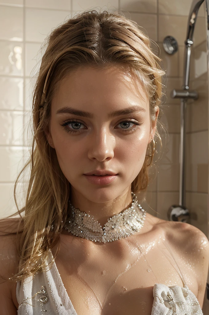 t quality, ultra-detailed, realistic, portrait, beautiful detailed eyes, beautiful detailed lips, blonde, gorgeous face, long eyelashes, fair skin, shimmering, stylish outfit, fashionable accessories, confident expression, artificial light, soft shadows, lush, vibrant colors, bathroom background, face turned, looking down, looking away, mouth closed,, bath, shower, white towel wrapped, mirror, steam, hair wet
