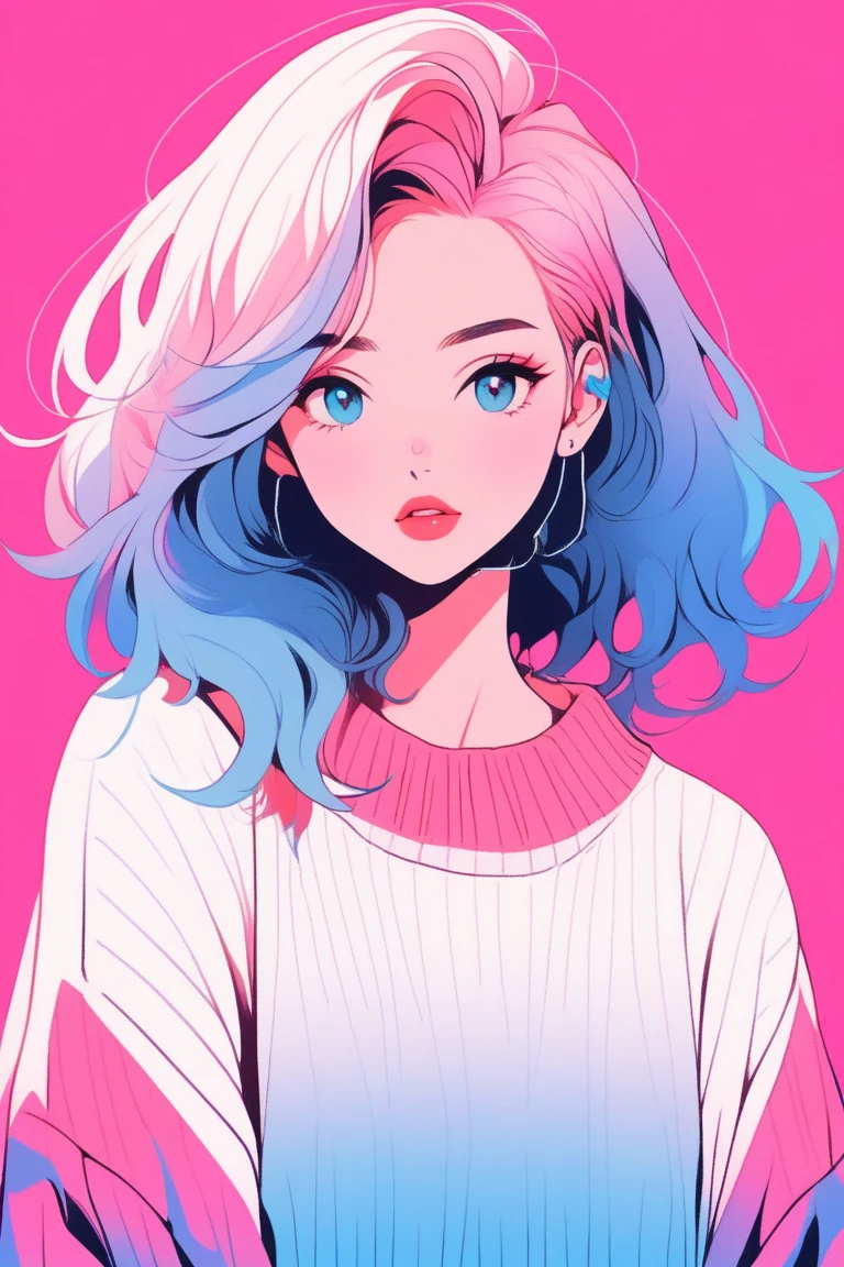 Illustrator, anime , Realistic ,sketch , One girl, ,lip, sweater,order, Blue gradient background, Neon Hair,textured crop, Canadian, (masterpiece,Highest quality)