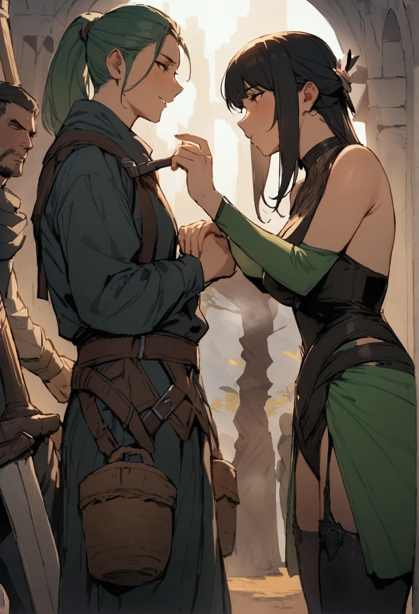 masterpiece,Highest quality,Super quality,Fantasy,Enemy female swordsman,Treating prisoners kindly,Good guy