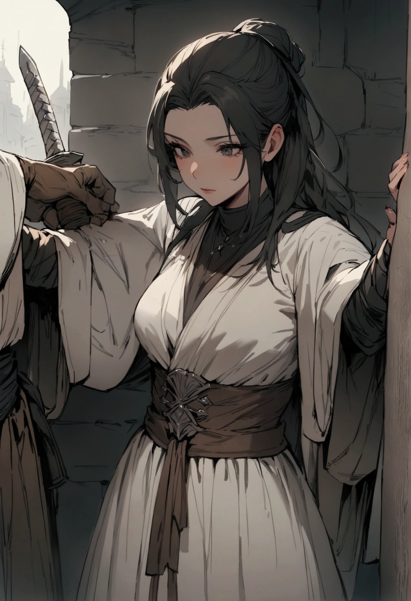 masterpiece,Highest quality,Super quality,Fantasy,Enemy female swordsman,Treating prisoners kindly,Good guy