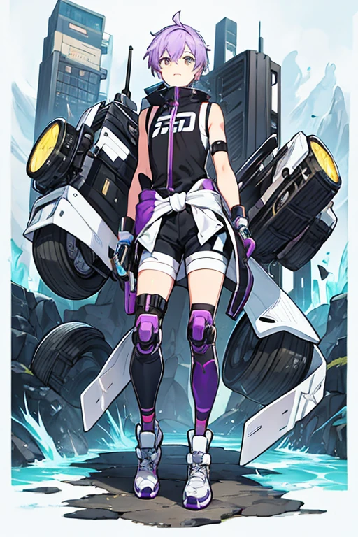man, gay, short white and purple hair, motocross goggles , with robotic left arm, black sleeveless shirt, Morados shorts, long tights, with a sweater around my waist, long black gloves