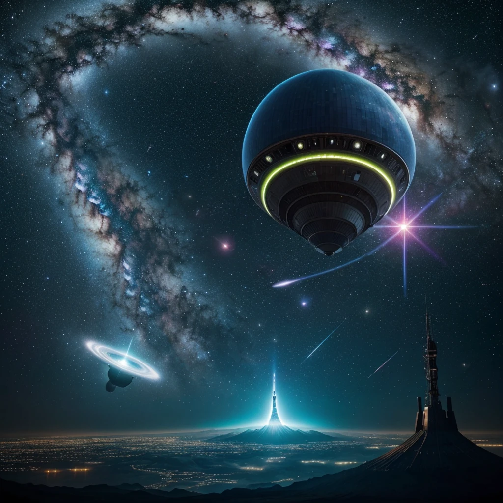 The image shows the almost complete view of the pilot's view of an alien spacecraft. The ship's cockpit is a spectacle of futuristic design, with control panels that have organic shapes and bright colors. Control surfaces are translucent, with unknown symbols floating on the screens. Blue and green holograms display complex data, constantly updated three-dimensional graphics and star maps.
Through the large front window of the nave, we see an alien world full of life and advanced technology. Surreal extraterrestrial plants grow in profusion, with bizarre shapes and vibrant colors, some even luminous. The vegetation is interspersed with technological structures from the extraterrestrial civilization, like energy towers that emit pulsating lights and drones that hover silently in the air.
No space horizon, two different galaxies are visible. A spiral galaxy shines with its starry arms and colorful nebulae, while an elliptical galaxy appears as a bright, compact mass of stars. Both suggest distant and mysterious destinations, ready to be explored by advanced spacecraft.