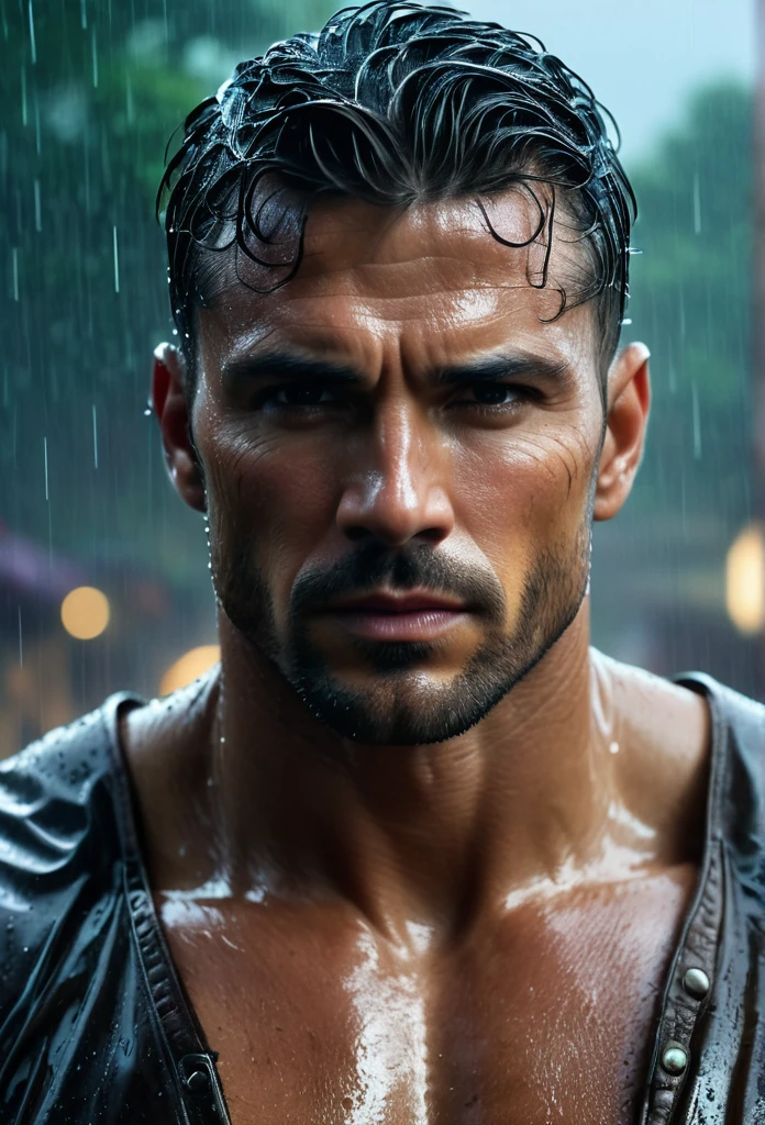realisitic:1.3,( fotorrealisitic, 8k, RAW Photos, premium quality, Masterpiece artwork, Epic lighting. up close, Centered image), (foreground),((1 man handsome, well-formed and self-confident muscles, Post-apocalyptic, warrior, Rostro y cuerpo perfectamente detallados, (foreground), rainy scene, poor lighting due to rain,(( face and body wet from the rain:1.5)),atmospheric lighting, dynamic pose, beautiful and detailed hair, leather clothing)), ((Imaginative scene)),((perfect, meticulously detailed.:1.3)), ((Accurate shot: 1.4)), ((best qualityer )), ((work of art)), 3d, (hyper detailled: 1.3), ((Epic setting: 1.3)), ((natta background: 1.3 ))), (((natta:1.2))), ( Fotorrealisitic: 1.4), ((frontal camera)),( (Low-light natta cinematic lighting: 1.2)). 32