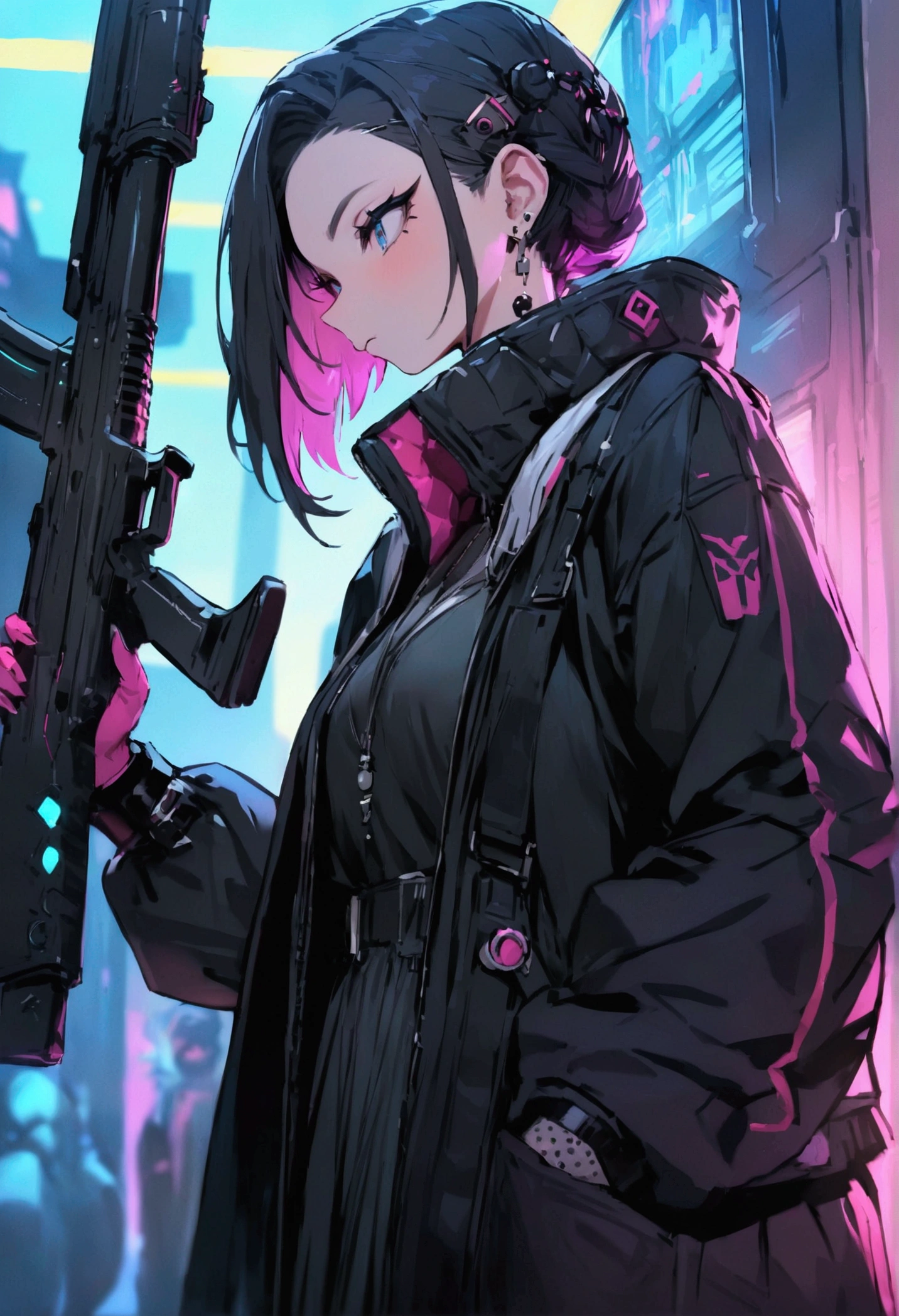 masterpiece,Highest quality,Super quality,cyber punk,Fellow Female,Friendly staff,He has a rifle.,strong