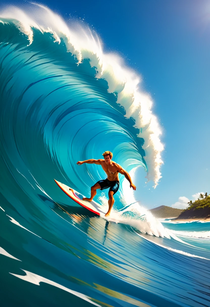 Full-body action shot, young man surfing on a massive wave, dynamic pose, (photorealistic:1.3), muscular physique, (wet hair:1.1), confident expression, surfing in tropical ocean, detailed surfboard with colorful design, splashing water, intense sunlight, (high resolution:1.3), vibrant colors, HDR, (by Chris Burkard:0.9), (style of Clark Little), deep blue wave, foamy white water, (sharp focus), depth of field, (diffused lighting), backlighting, golden hour, trending on deviantart, award winning photo