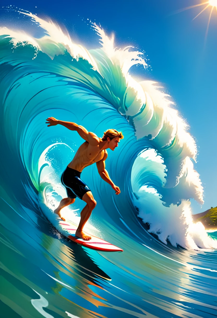 Full-body action shot, young man surfing on a massive wave, dynamic pose, (photorealistic:1.3), muscular physique, (wet hair:1.1), confident expression, surfing in tropical ocean, detailed surfboard with colorful design, splashing water, intense sunlight, (high resolution:1.3), vibrant colors, HDR, (by Chris Burkard:0.9), (style of Clark Little), deep blue wave, foamy white water, (sharp focus), depth of field, (diffused lighting), backlighting, golden hour, trending on deviantart, award winning photo