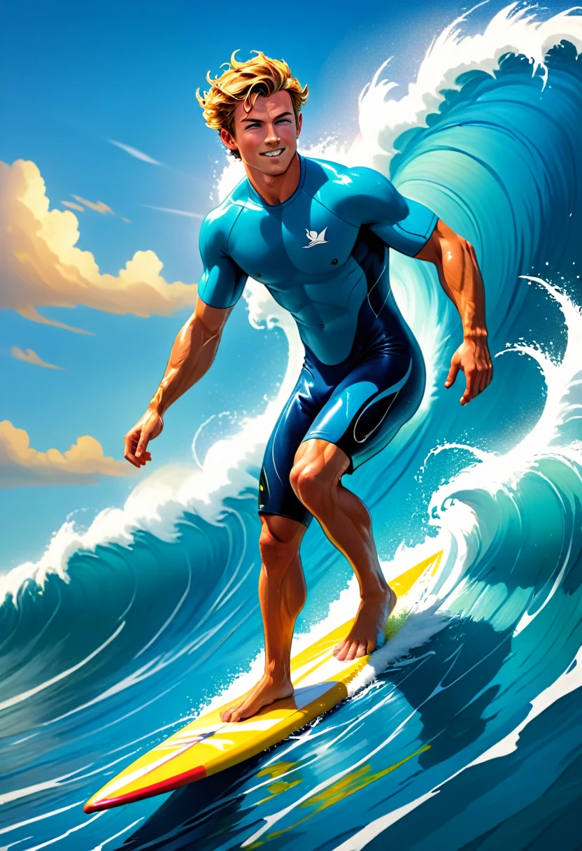 Full-body action shot, young man surfing on a massive wave, dynamic pose, (photorealistic:1.3), muscular physique, (wet hair:1.1), confident expression, surfing in tropical ocean, detailed surfboard with colorful design, splashing water, intense sunlight, (high resolution:1.3), vibrant colors, HDR, (by Chris Burkard:0.9), (style of Clark Little), deep blue wave, foamy white water, (sharp focus), depth of field, (diffused lighting), backlighting, golden hour, trending on deviantart, award winning photo