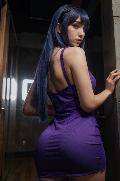 1 girl, Frederica Bernkastel, bangs, blue hair, blunt bangs, long hair, purple eyes, solo, low-cut dress, ass, background