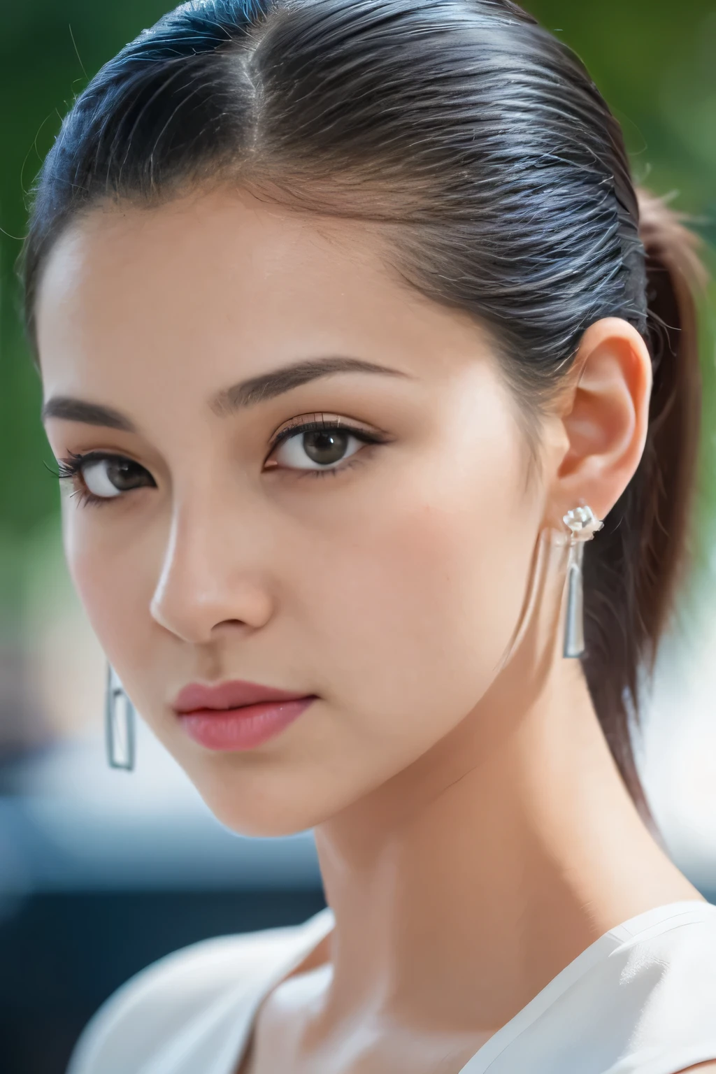 short ponytail, hair slicked back, leaning forward, crescent earrings, drunk, parted lips, pov, depth of field, UHD, super detail, best quality, 8k, anatomically correct