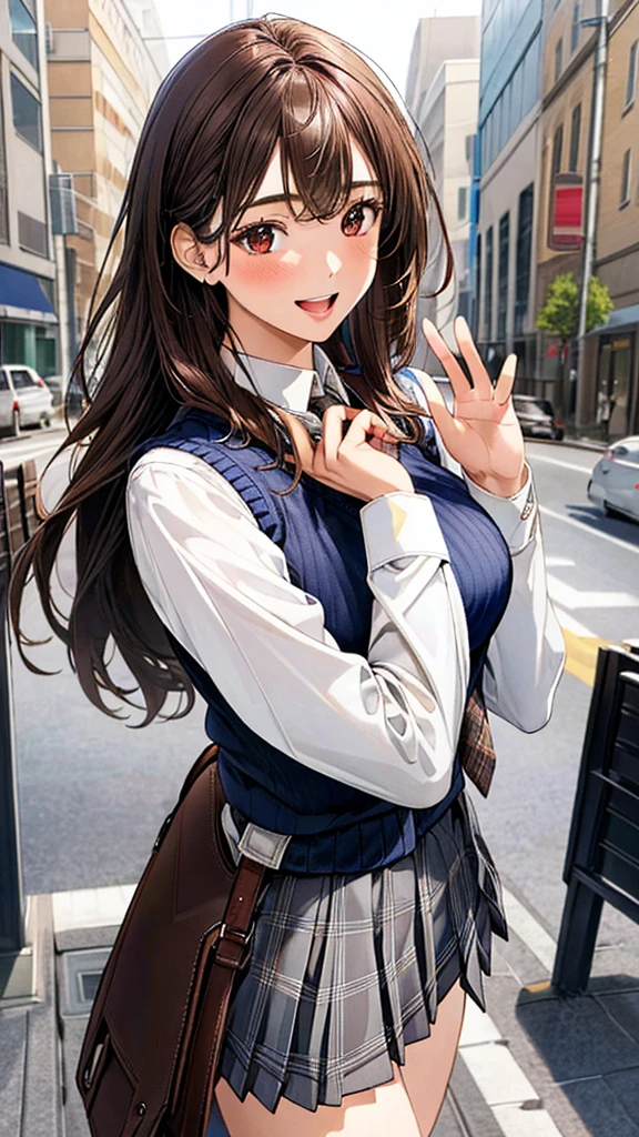 (masterpiece:1.3, top-quality), ultra high res, ultra detailed, (realistic, photorealistic:1.4), beautiful illustration, perfect lighting, colorful, depth of fields, 
facing straight at viewer, (face focus, upper body), 1 girl, solo, hight school girl, gravure model, (large breasts:0.8, large ass, seductive thighs, skindentation),
(long hair:1.2, straight hair:1.2, (saddle-brown colored) hair), asymmetrical bangs, (brown) eyes, drooping eyes, big eyes, shiny skin, slender, 
beautiful hair, beautiful face, extremely detailed face, beautiful detailed eyes, beautiful clavicle, beautiful body, beautiful chest, beautiful thigh, beautiful legs, beautiful fingers, 
(detailed cloth texture, (navy knit vest), grey plaid tie, collared long sleeve white shirt, grey plaid pleated skirt), black socks, white panties, black school bag,
(beautiful scenery), morning, (downtown), standing, waving at viewer, (happy smile, open mouth small), 