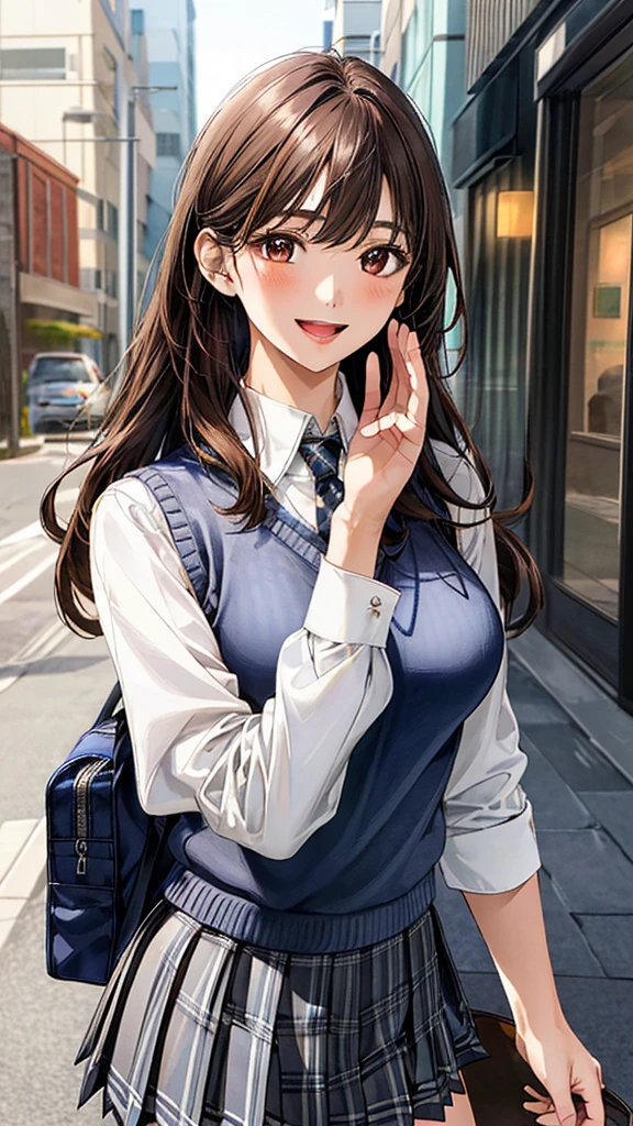 (masterpiece:1.3, top-quality), ultra high res, ultra detailed, (realistic, photorealistic:1.4), beautiful illustration, perfect lighting, colorful, depth of fields,
facing straight at viewer, (face focus, upper body), 1 girl, solo, hight school girl, gravure model, (large breasts:0.8, large ass, seductive thighs, skindentation),
(long hair:1.2, straight hair:1.2, (saddle-brown colored) hair), asymmetrical bangs, (brown) eyes, drooping eyes, big eyes, shiny skin, slender,
beautiful hair, beautiful face, extremely detailed face, beautiful detailed eyes, beautiful clavicle, beautiful body, beautiful chest, beautiful thigh, beautiful legs, beautiful fingers,
(detailed cloth texture, (navy knit vest), grey plaid tie, collared long sleeve white shirt, grey plaid pleated skirt), black socks, white panties, black school bag,
(beautiful scenery), morning, (downtown), standing, waving at viewer, (happy smile, open mouth small),
