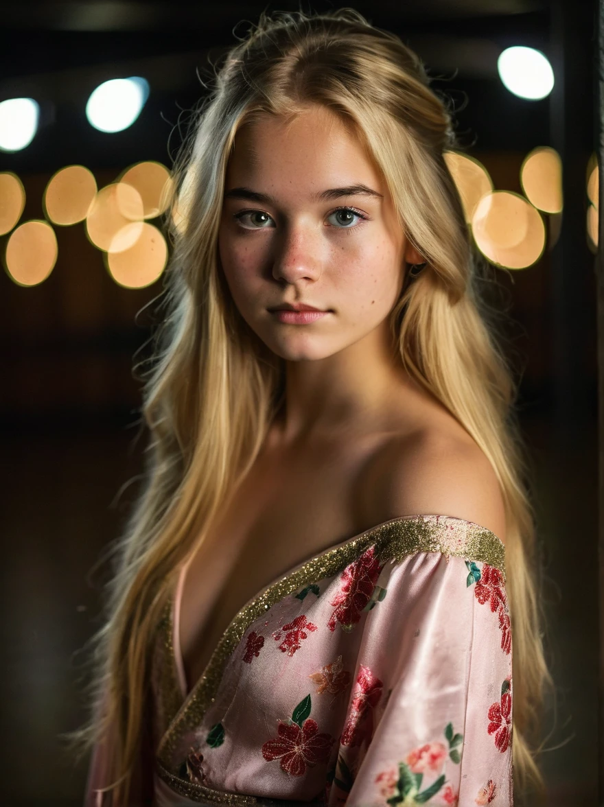 portrait of a slender 18 year old girl standing alone in a dark gymnasium at senior prom, dark piercing eyes, long blonde hair falling gently around her shoulders, dimples, freckles, wearing a gorgeous off shoulder kimono, cleavage, pensive solemn expression, dof, bokeh, dark lighting,