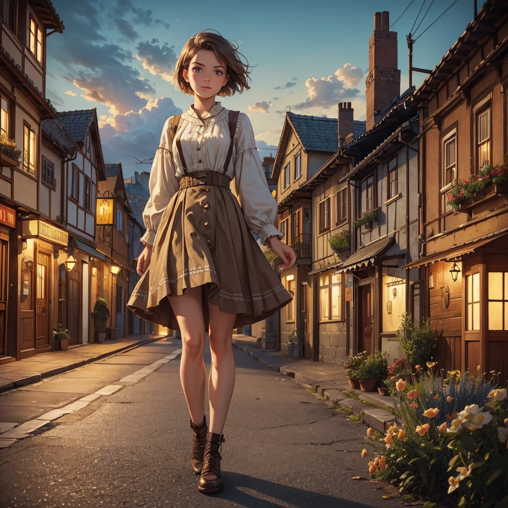 realistic, modern analog photo, full body shot, (detailed cute face and eyes), skyscape with clouds, nightfall, cute woman, small european town in 1910, short windblown skirt, soft steampunk aesthetic, short hair, smoke particles, intricate small details, dynamic, sexy, pleasure, wishmaster, depth of field, 35mm, film grain, faded colours, sepia, lomography photo, isometric, extremely detailed