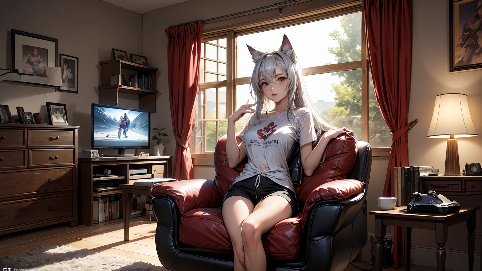 Create a top-quality image of a beautiful 20-year-old wolf girl with tan skin. She has long greyish wolf like hair and beautiful eyes, wearing a see-through top that barely covers her nipples, highlighting her perfect figure. She is also wearing sleep shorts. The girl is sitting in a modern gaming chair in a dimly lit, modern room with the window open and it is night time, allowing a gentle breeze to flow in. She poses in a seductive manner, facing the camera. Her room is filled with modern nerdy items that show her love for video games and anime, including gaming equipment like a high-end gaming PC, sleek gaming desk, ergonomic gaming chair, and the latest gaming console, as well as stylish anime posters and figurines. The image should exhibit high-quality visual artistry, with intricate details, capturing a cozy and alluring atmosphere.