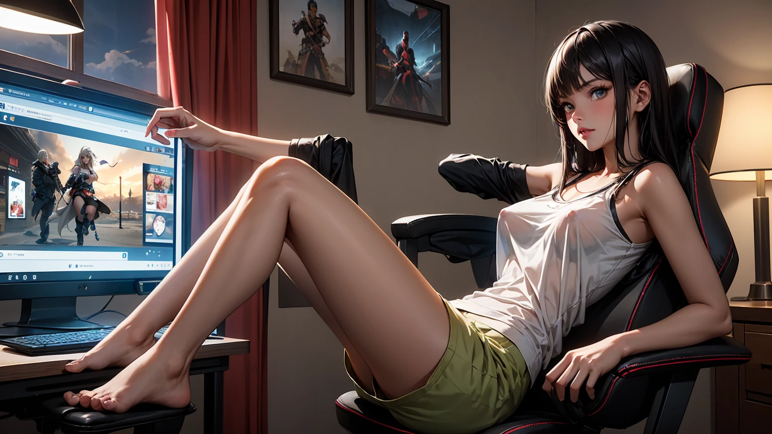 Create a top-quality image of a beautiful 20-year-old wolf girl with tan skin. She has long greyish wolf like hair and beautiful eyes, wearing a see-through top that barely covers her nipples, highlighting her perfect figure. She is also wearing sleep shorts. The girl is sitting in a modern gaming chair in a dimly lit, modern room with the window open and it is night time, allowing a gentle breeze to flow in. She poses in a seductive manner, facing the camera. Her room is filled with modern nerdy items that show her love for video games and anime, including gaming equipment like a high-end gaming PC, sleek gaming desk, ergonomic gaming chair, and the latest gaming console, as well as stylish anime posters and figurines. The image should exhibit high-quality visual artistry, with intricate details, capturing a cozy and alluring atmosphere.