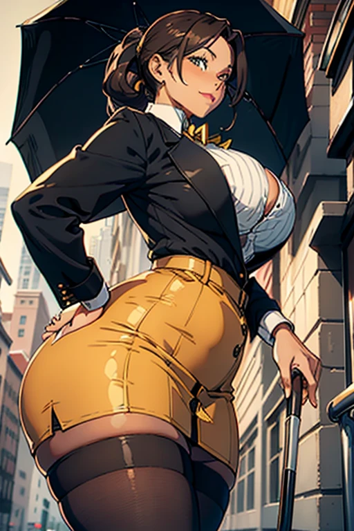 Best Quality, lonely mature woman, giant breasts, giant ass, very curved, brown low ponytail, yellow eyes umbrella, full lips, seductive, smiling, maestro, open black button up, striped jacket, fitted pencil skirt, Stockings with garter belt, thick thighs, curvy physique