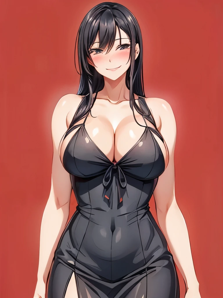 1 milf, long black hair, very big breasts, smiling, blushing