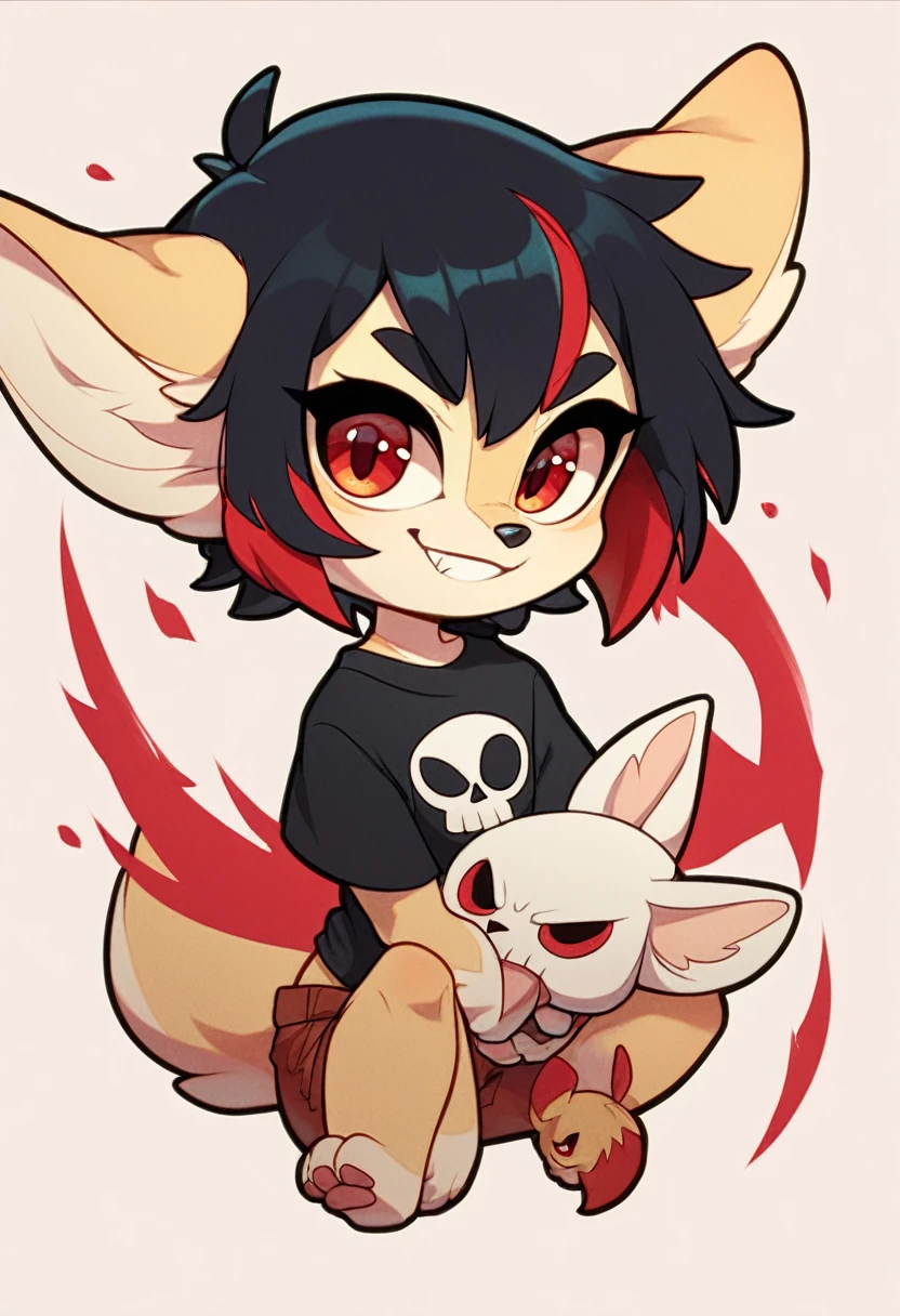 Fennec fox, cute girl fox, kid, chibi, short hair, black hair with red highlights, red eyes, black shirt with a white skull, smirk, alone