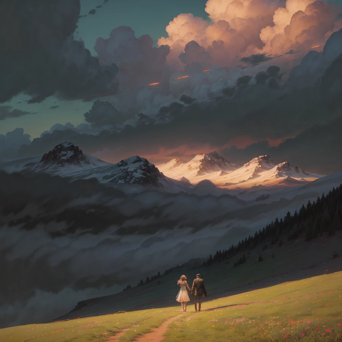 A romantic couple standing together on a grassy plain, holding a red umbrella. The man and woman embrace each other tenderly, looking into each other's eyes with love and affection. The scene is set against a backdrop of a vast open landscape, with a beautifully clouded sky above. The lush green grass in the foreground stretches out, providing a soft and natural base for the scene. The image has a slightly painterly effect, with the colors appearing vibrant and soft, reminiscent of an anime or watercolor painting. The overall atmosphere is serene and romantic, capturing a tender moment between the couple. The focus is on the couple, with the background slightly blurred, adding depth to the composition. The photograph is taken from a wide perspective, making the couple appear far away, and capturing a broad view of the sky and landscape. This wide-angle approach emphasizes the expansive beauty of the surroundings, highlighting the vast, cloud-filled sky and the rolling grassy fields, enhancing the dreamy and romantic ambiance of the scene