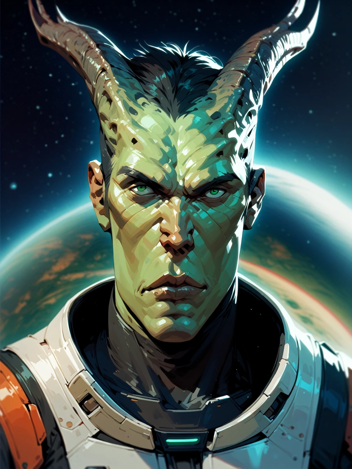 horns, one character, solo male, alien horns, male, young male, sci fi, space, space clothes, black hair, green eyes, teal skin, cosmic, space suit, cosmic feature, alien, futuristic space suit, relaxed face, innocente face, short face