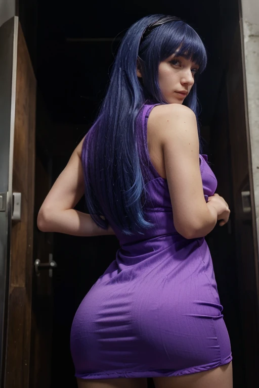 1 girl, Frederica Bernkastel, bangs, blue hair, blunt bangs, long hair, purple eyes, solo, pink dress, sexy poses, ass, background
