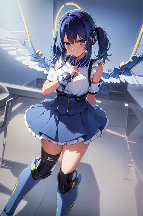 mecha wings、blue skirt、thighs、tights、chest、twin tails、blue hair、1 girl、solo girl、is、frame arms girl、alice gere aegis、blue armor、...