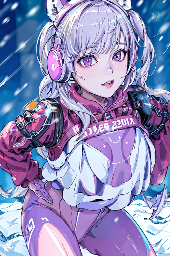 masterpiece, Highest quality, High resolution, 8k, Ray Tracing, animal ear headphones, shiny clothes, twintails, latex bodysuit, Detailed face、Beautifully detailed figures、Detailed Hair、((Snow Mountain)), Beautifully detailed special effects、((Beautiful lines)),