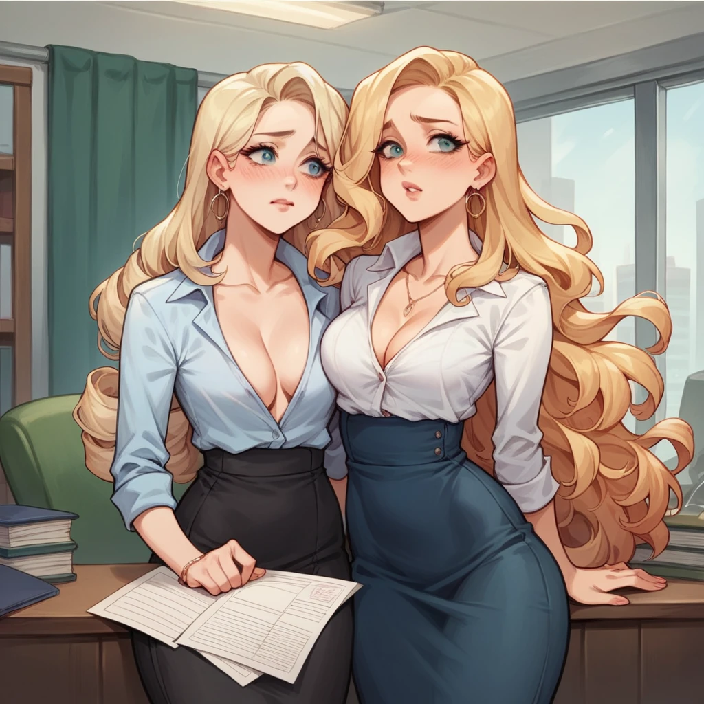 Beautiful woman, 25 years old, not very tall, long curly light blonde hair, slim waist, , shapely and big hips. Posing with sexy linie, she is embarrassed, touching her tits, offic