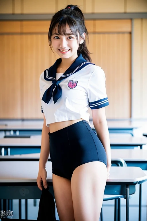 Girl standing in a school classroom,Sailor shirt,black thong with pink heart pattern on share,18-year-old,bangs,Smile a little,Thighs,share,knees,Shortcuts,ponytail,From below