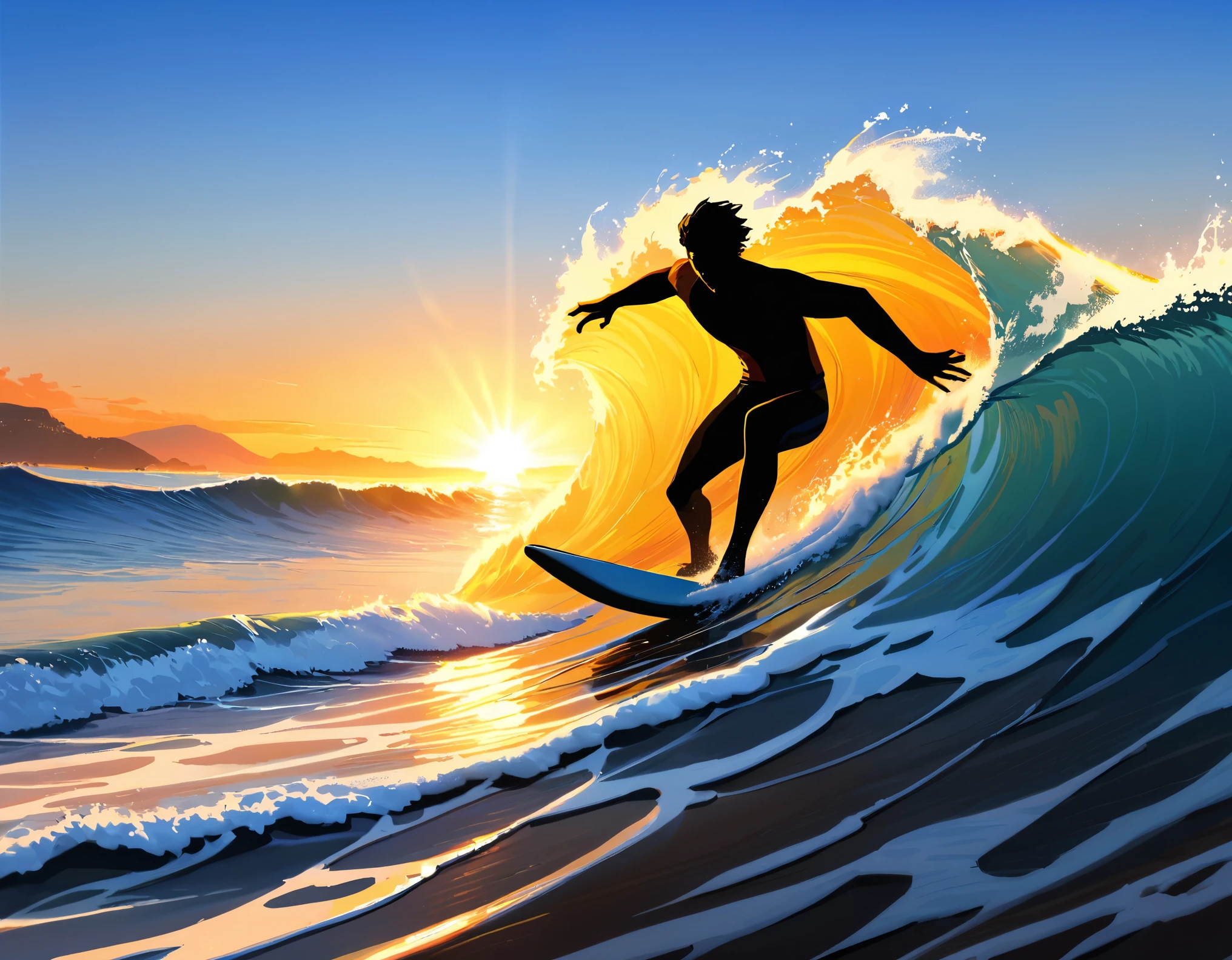 a man surfing on a wave, 1man surfing on a surfboard, riding a wave, dramatic lighting, ocean waves, dynamic pose, athletic, adrenaline, ocean, water splashing, blue sky, golden hour, photorealistic, 8k, ultra-detailed, realistic, masterpiece, high quality, cinematic lighting, volumetric lighting, dramatic shadows, vibrant colors
