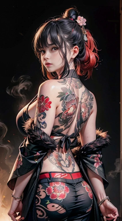 8k, work of art, (photorrealistic:1.5), artistic portrait of ((a japanese yakuza girls) wearing kimono), irezumi tattoo on back, ((expose tattoo on back)), exposed face, bared shoulders, exposed huge chest, chest touched, beautiful fur, body skinny, cute face, beautiful look, Look to viewer, red hair bun with bangs, posing fror a picture, hazy atmosphere, contra-luz, dark gray background, dynamic lighting, naturals, artistic