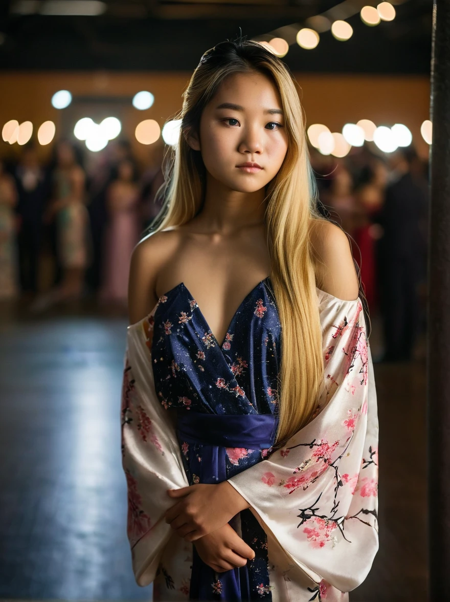 portrait of a slender asian18 year old girl standing alone in a dark gymnasium at senior prom, dark piercing eyes, long blonde hair falling gently around her shoulders, dimples, freckles, wearing a gorgeous off shoulder kimono, cleavage, pensive solemn expression, dof, bokeh, dark lighting,