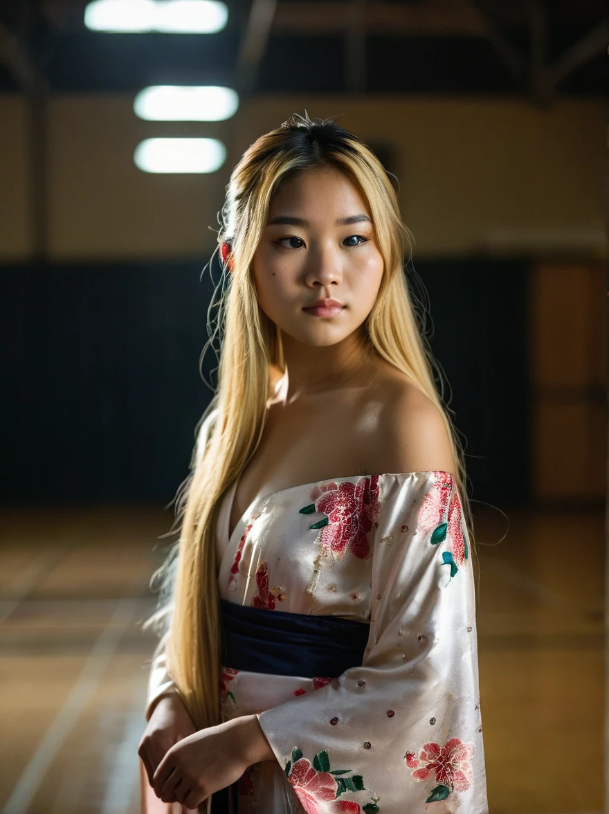 portrait of a slender asian18 year old girl standing alone in a dark gymnasium at senior prom, dark piercing eyes, long blonde hair falling gently around her shoulders, dimples, freckles, wearing a gorgeous off shoulder  kimono, cleavage, pensive solemn expression, dof, bokeh, dark lighting,  