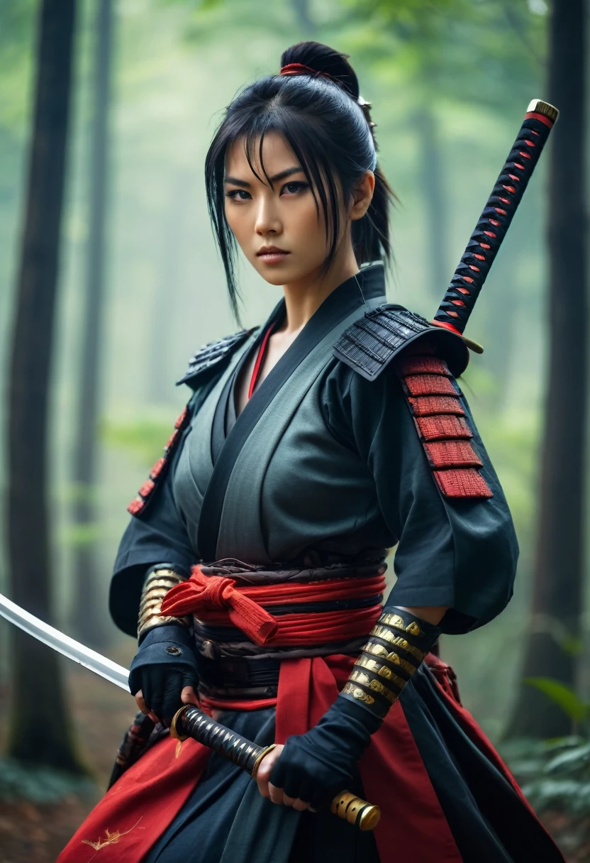 Holding a sword、Open the sheath.身著暗紅裙子的帥氣Female Warrior, Misty forest background.Bokeh Background.Portraiture,(Highest quality,4K,8k,High resolution,masterpiece:1.2) Art Station Contest Winners, Fantasy art, Female Warrior, Very beautiful cyberpunk samurai, Samurai sword, beautiful Female Warrior, beautiful Female Warrior, Warrior Princess, Warrior Girl, Beautiful Portraits, she is holding a Samurai sword sword, Japanese Samurai, Ono City
