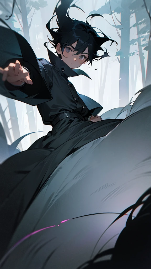 10 year old boy, black hair, gray eyes and light skin, nestled in a dark forest, clothed dress, Dark light, dark and lonely, dark anime style. HD, Dynamic perspective