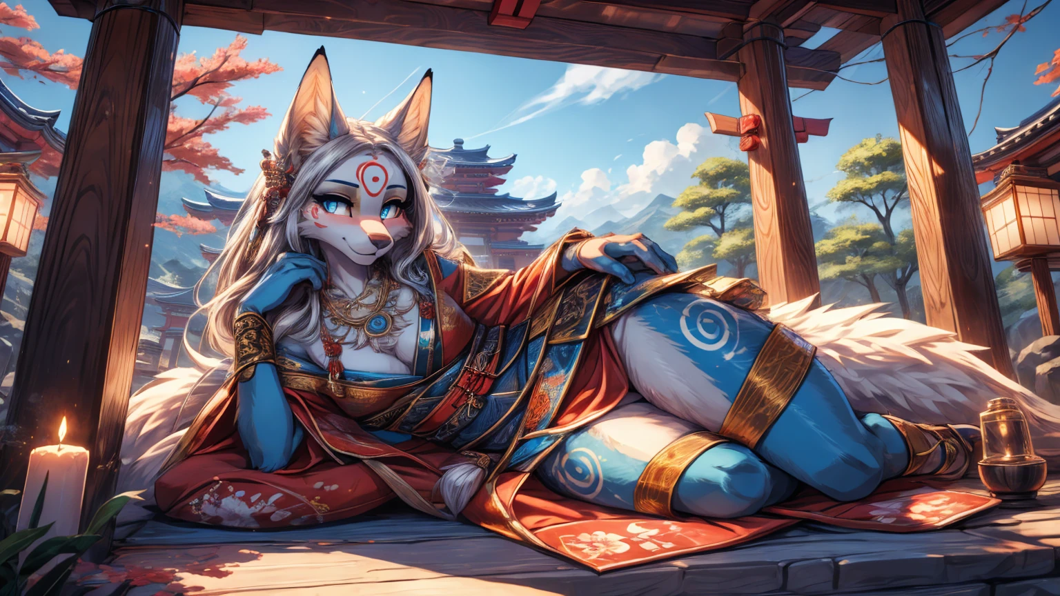 white fur kisune, amaterasu eyes, add high definition_detail:1, blue fur,kitsune ears, tribal tattoo add_detail:1, pretty girl add_detail:1, feudal priestess clothing add_detail:1, japanese shrine scenery add_detail:1, japanese shrine costume add_detail:1, bare left leg add_detail:1, add full body_detail, lying provocatively under a tori gate, super detailed pupils, beautiful eyes, bright pupils