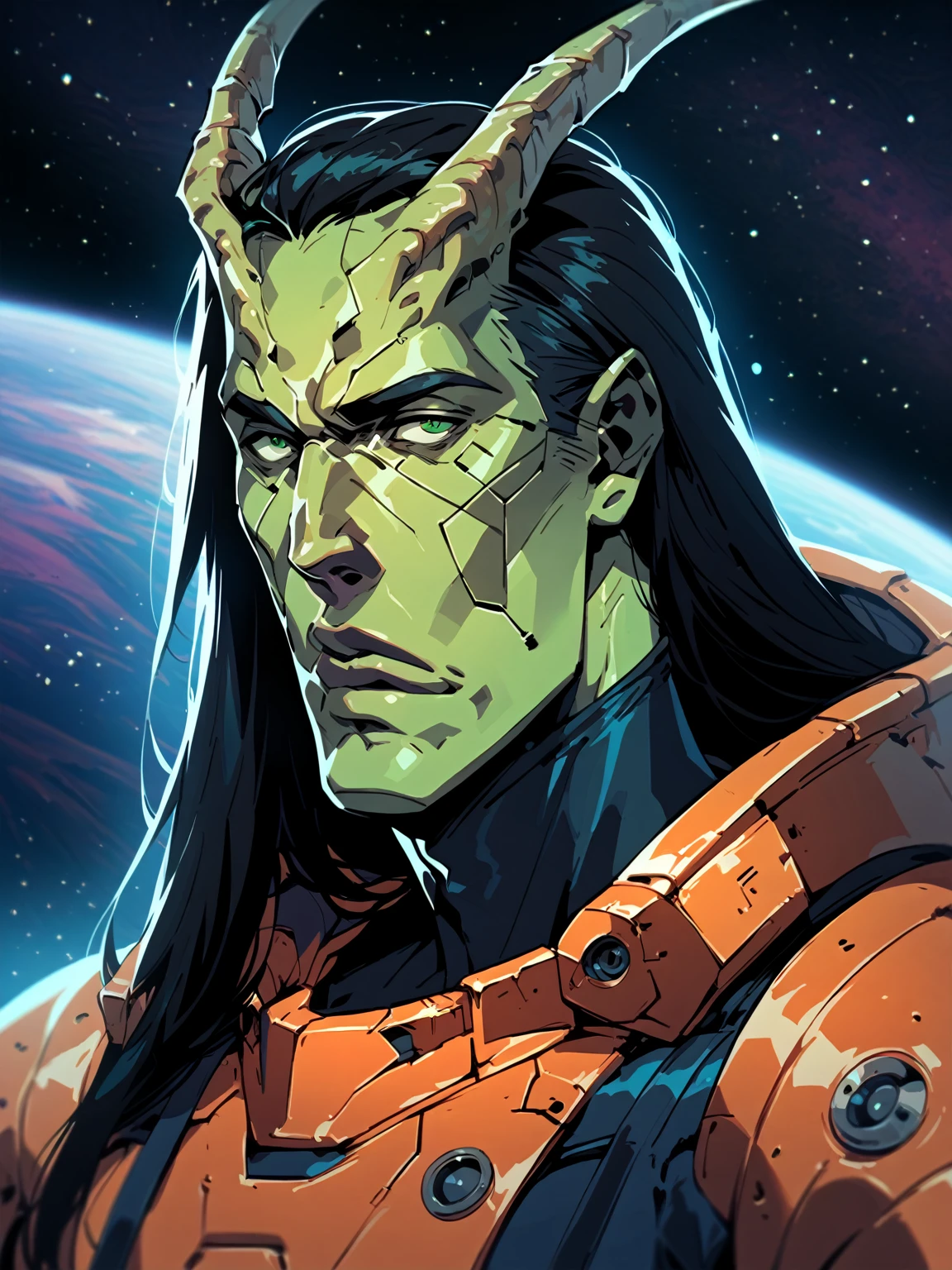 horns, one character, solo male, alien horns, male, young male, sci fi, space, space clothes, long hair, black hair, green eyes, teal skin, cosmic, space suit, cosmic feature, futuristic space suit, relaxed face, innocente face, short face