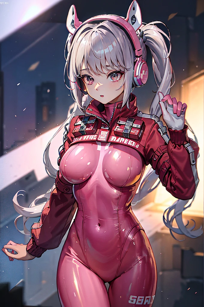 masterpiece, Highest quality, High resolution, 8k, Ray Tracing, animal ear headphones, shiny clothes, twintails, latex bodysuit, 