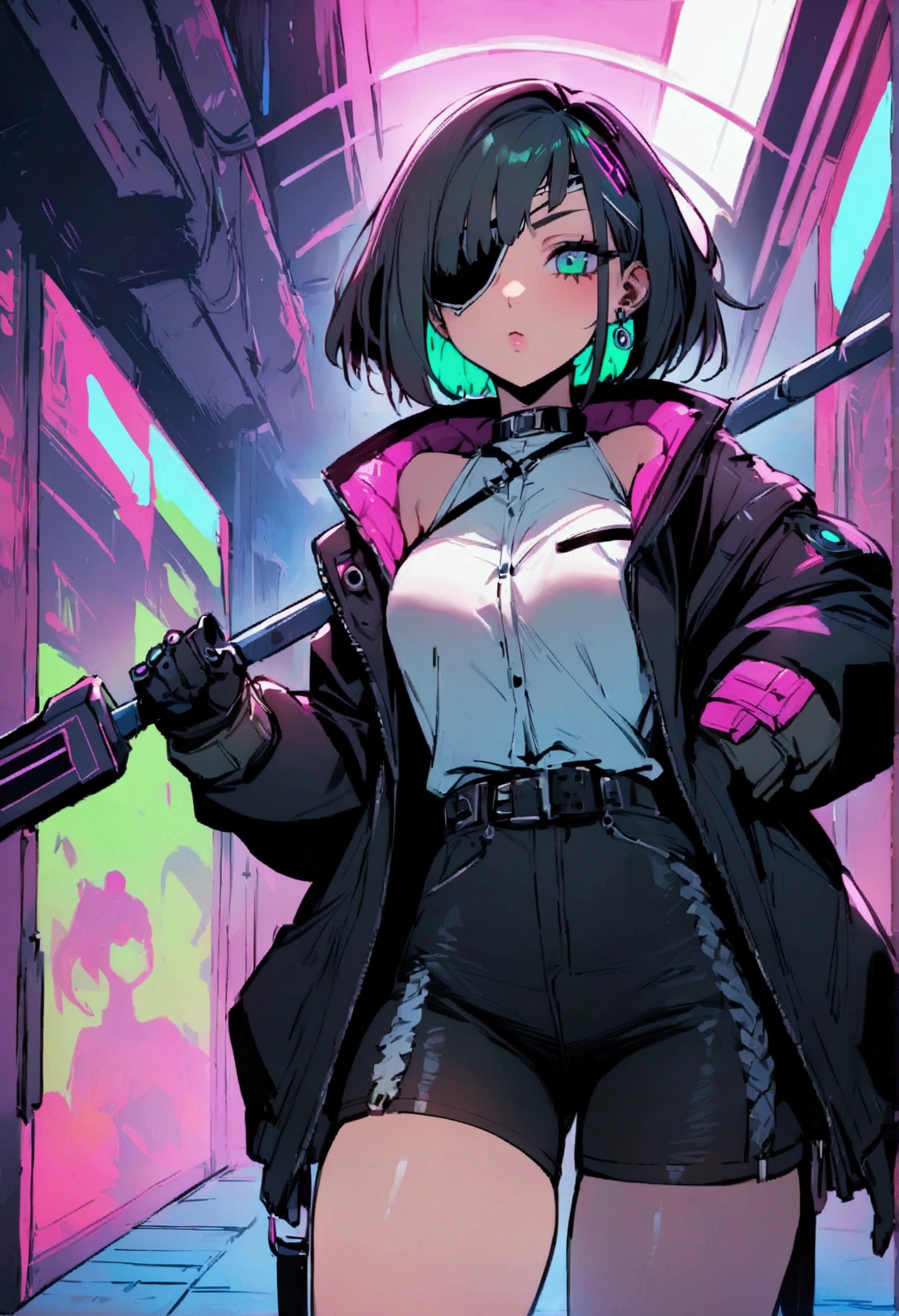 masterpiece,Highest quality,Super quality,cyber punk,Fellow Female,Friendly staff,Wearing an eye patch,strong